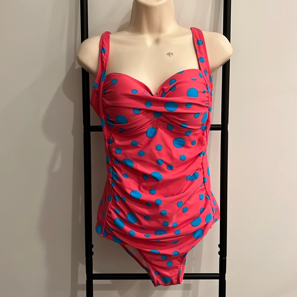 Romenza Targo Pilka Dots Pink Blue One Piece Swimsuit Women Size XL New